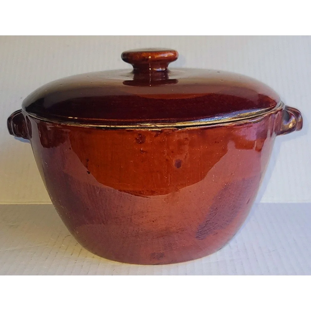 Vintage Old Hickory 3 Pc. Duchess‎ Brown Stoneware Pot, Lid and Strainer Insert